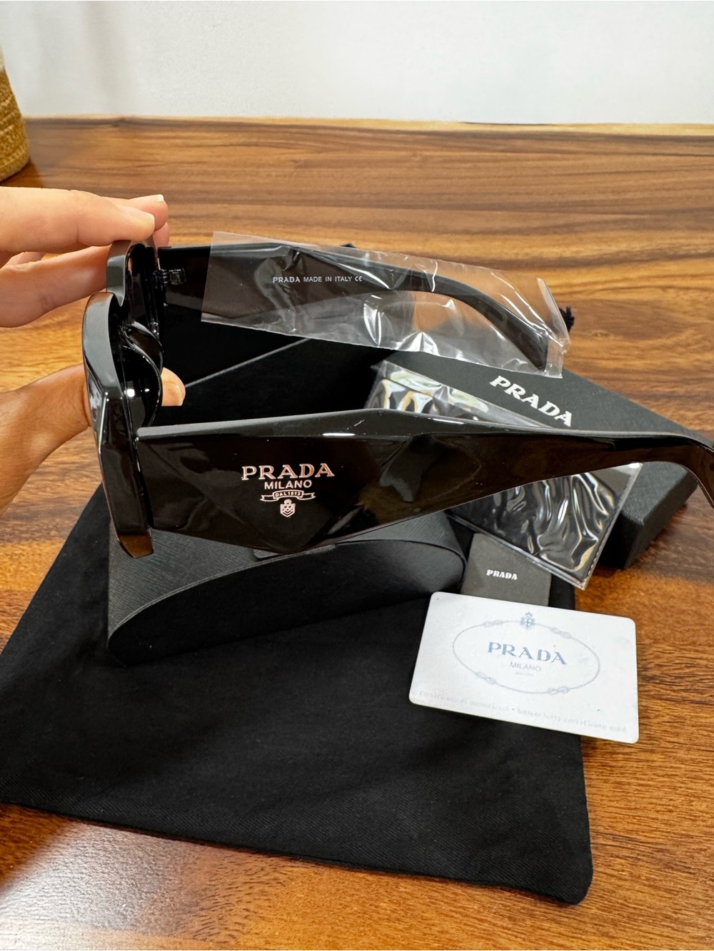 Prada Glossy Black Rectangular Sunglasses with Dark Lenses - Picture 6 of 13